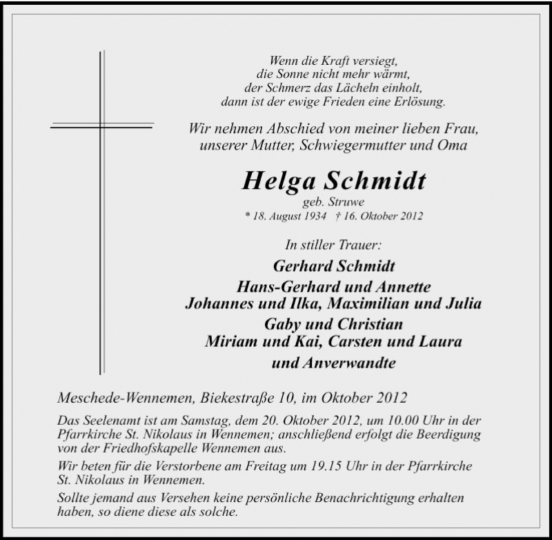  Traueranzeige für Helga Schmidt vom 17.10.2012 aus Tageszeitung